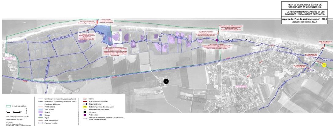 carte du réseau hydrographique du marais de Ver-Meuvaines et des ouvrages hydrauliques
